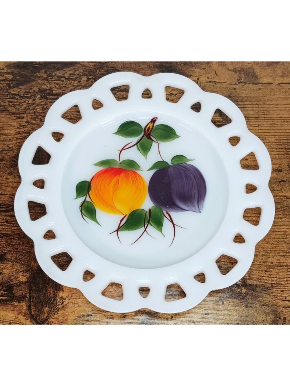 VTG Hazel Atlas Milk Glass Open Lace Edge Gay Fad Painted Fruit Plate 8 1/4 Inch